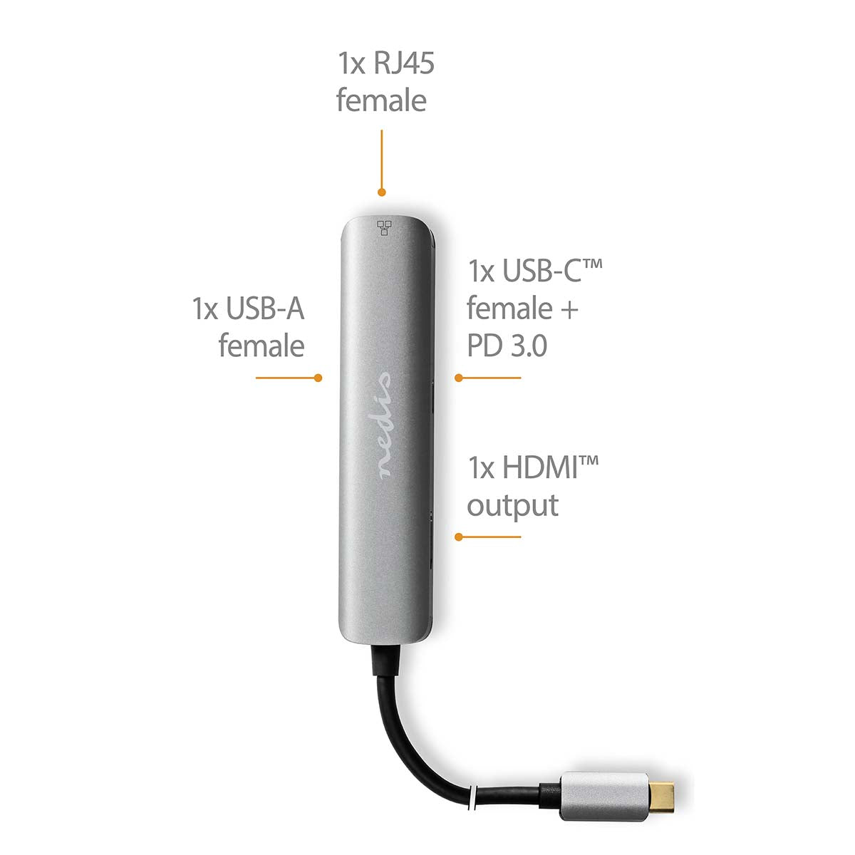 Adapter USB-C - Multiport (HDMI, RJ45, USB-A, USB-C) Grau - MediaKabel