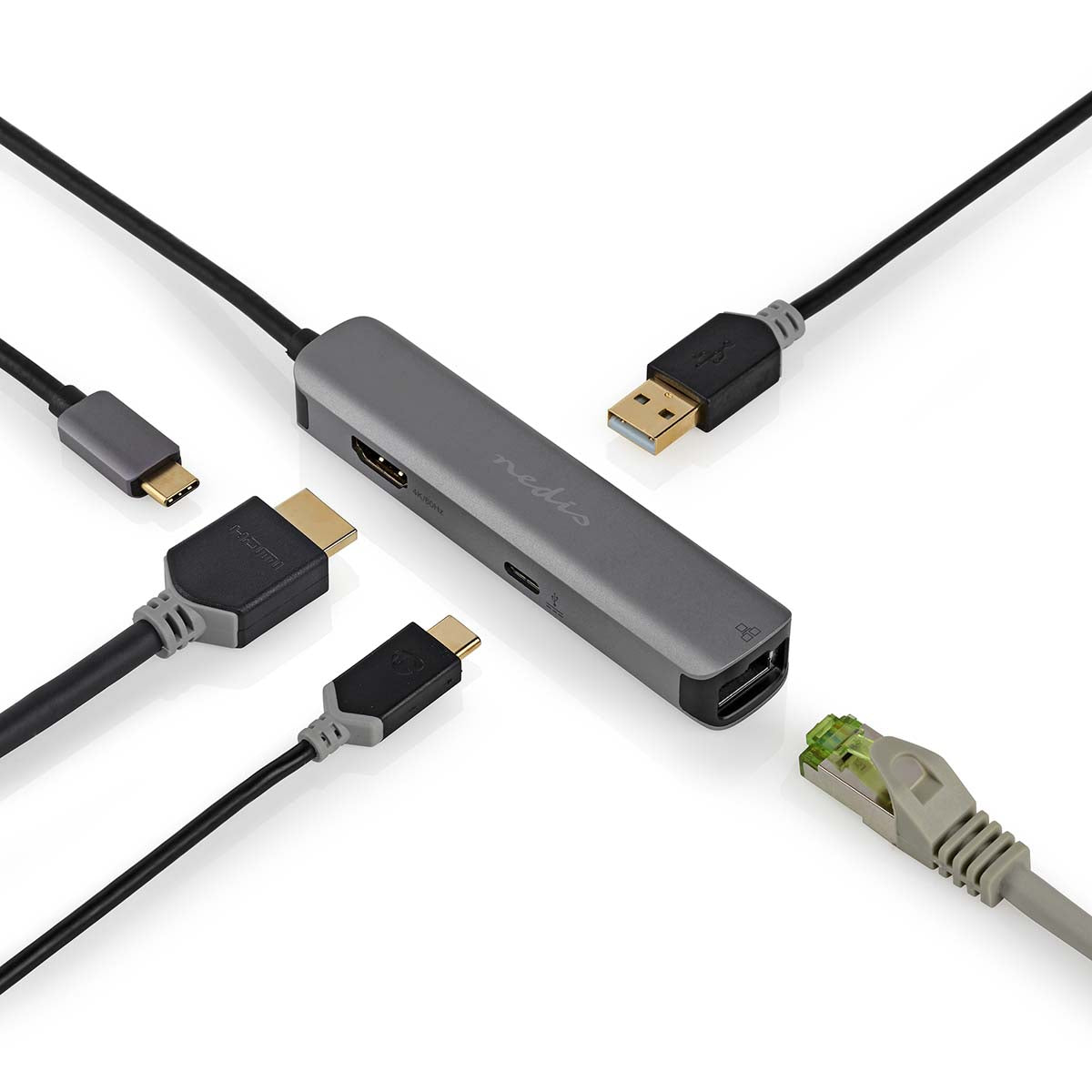 Adapter USB-C - Multiport (HDMI, RJ45, USB-A, USB-C) Grau - MediaKabel