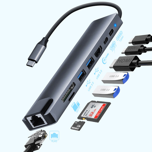 USB 3.2 Hub 8-Port USB-C auf USB-C, USB-A, HDMI, RJ45, SD