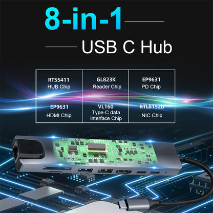 USB 3.2 Hub 8-Port USB-C auf USB-C, USB-A, HDMI, RJ45, SD