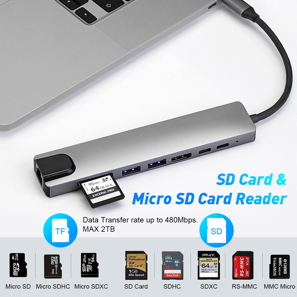 USB 3.2 Hub 8-Port USB-C auf USB-C, USB-A, HDMI, RJ45, SD