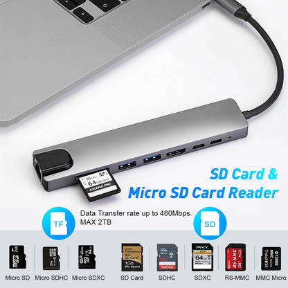 USB 3.2 Hub 8-Port USB-C auf USB-C, USB-A, HDMI, RJ45, SD