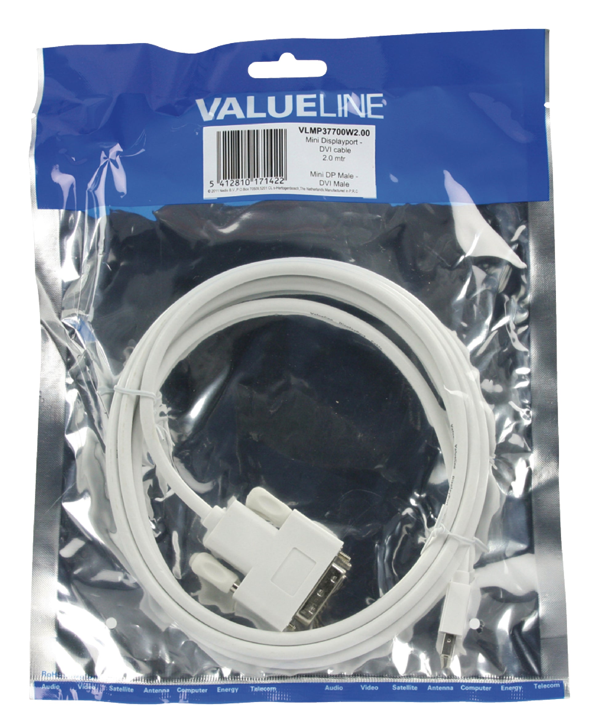 Video Kabel, 2 Meter, Displayport 1.2, Mini-DisplayPort-Stecker, 24+1 DVI-Stecker, 2 Meter, 60 Hertz, 2K, 4K, Full HD, 1080p, HD, 720p, Weiß , MediaKabel