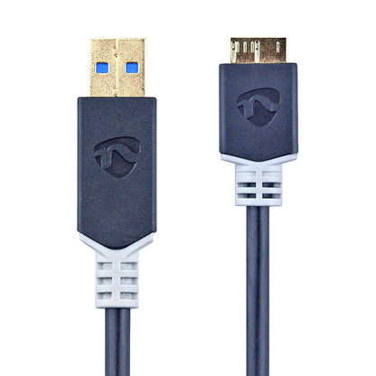 Datenkabel, USB 3.2 Gen1, USB C Stecker auf USB Micro B Stecker, 2 Meter, 5 Gbit/s, Vergoldet, Schwarz, MediaKabel