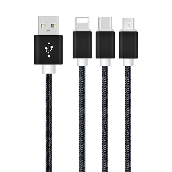 Datenkabel, Ladekabel, USB 2.0, USB A Stecker auf USB Stecker Lightning / Micro-B / USB-C, 1 Meter, 2 Meter, 2 Ampere, 480 Mbit/s, Schwarz, Textielummantelung, MediaKabel