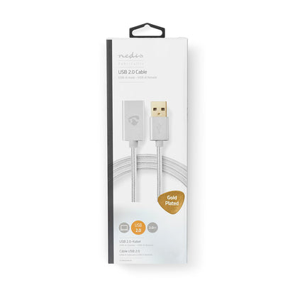 Datenkabel, Ladekabel, USB 2.0, USB A Stecker auf USB Buchse A,2 Meter, 480 Mbit/s, Weiß, Vergoldet, MediaKabel