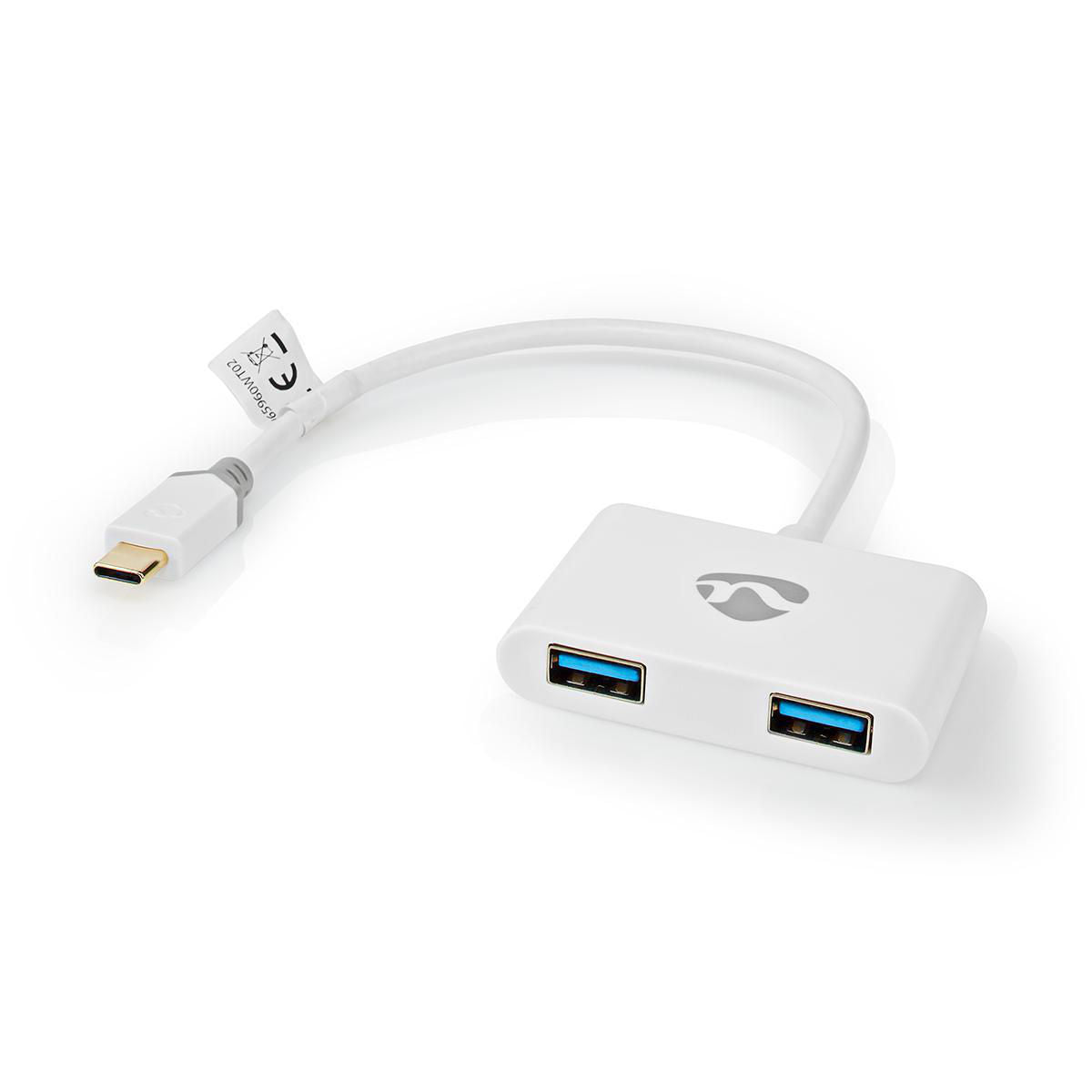  USB HUB, USB 3.2 Gen1, USB C Stecker auf 2x USB A Buchse, 0.2 Meter, 5 Gbit/s, Vergoldet, Weiß, MediaKabel